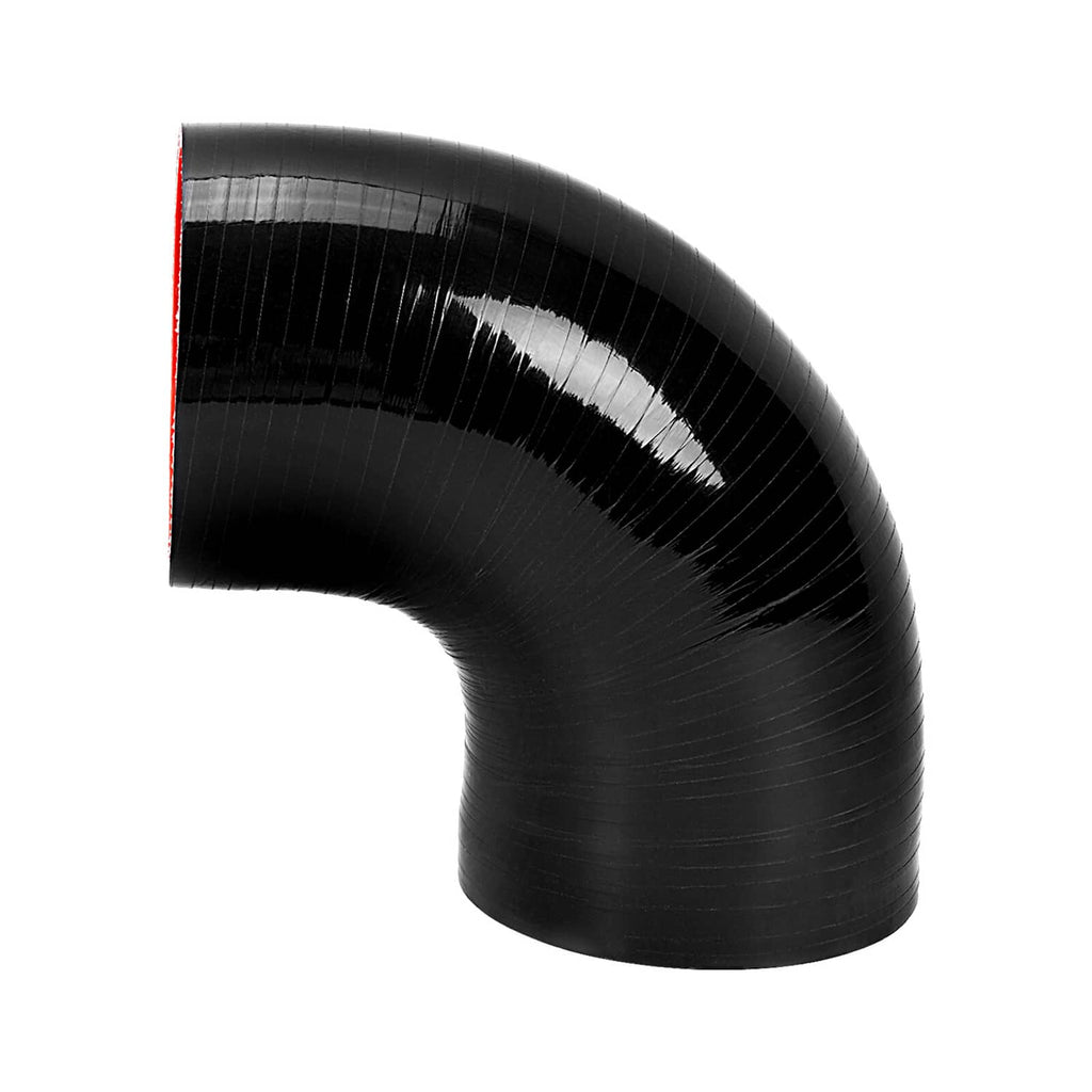 Black 90-degree silicone hose elbow with red inner rim along curved tube