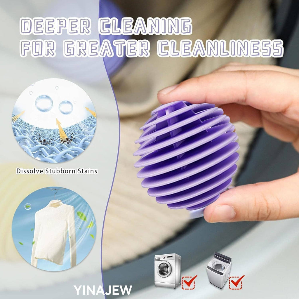 Purple ribbed dryer ball held in a washing drum for laundry agitation