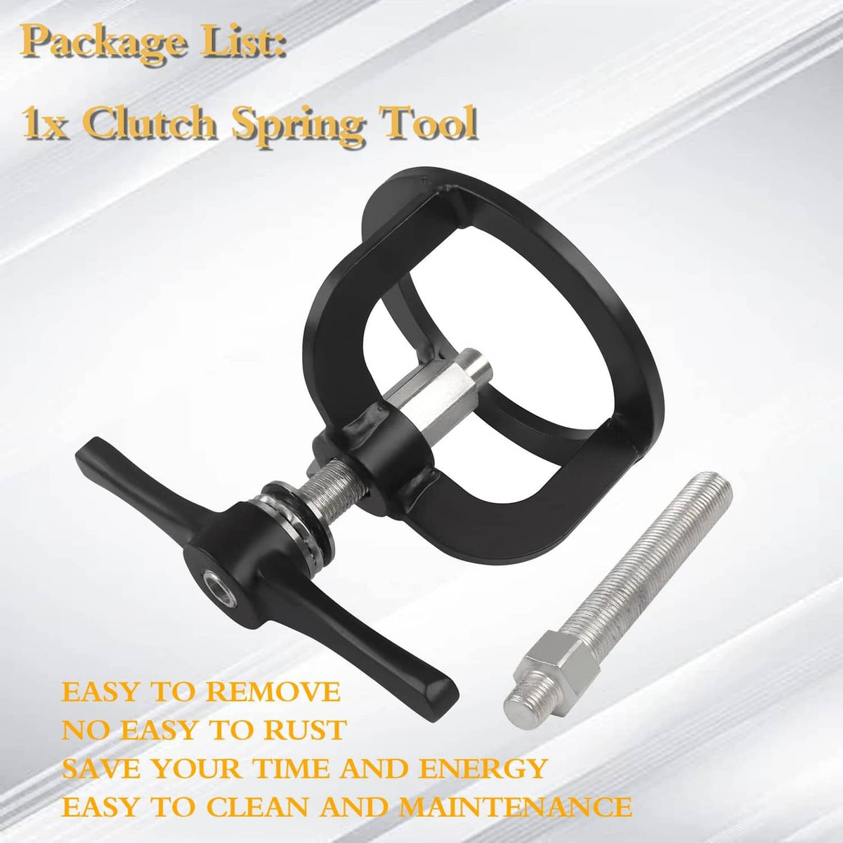 Black clutch spring compressor tool with clamp ring, lever handle, and two threaded bolts