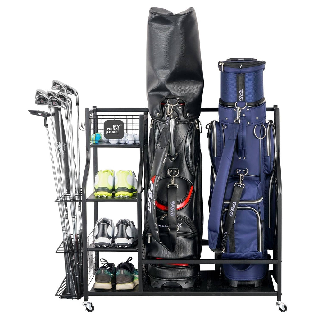 Golf bag storage rack with two bags, club holders, and rolling shelves on wheels.