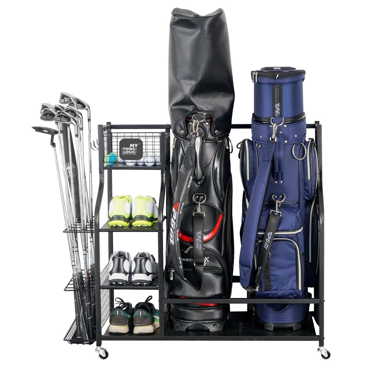 Golf bag storage rack with two bags, club holders, and rolling shelves on wheels.