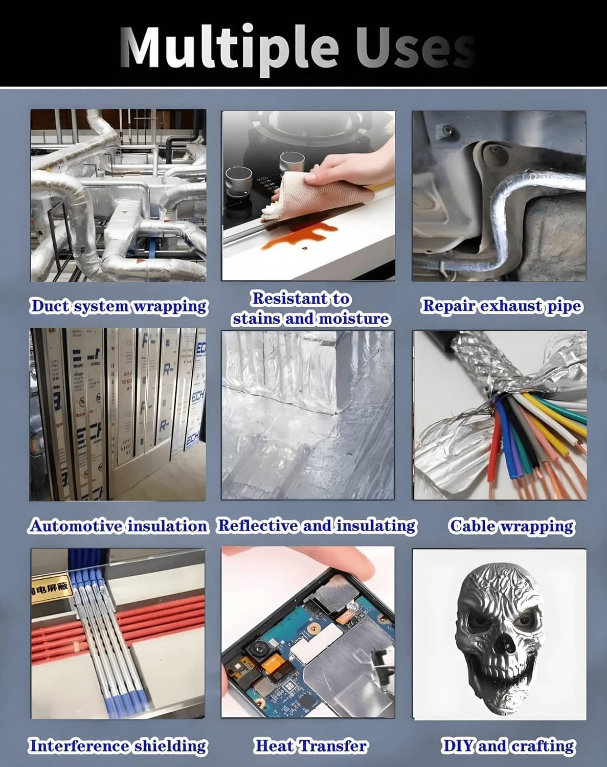 Silver aluminum foil tape used on ductwork and surfaces for protective reflective sealing