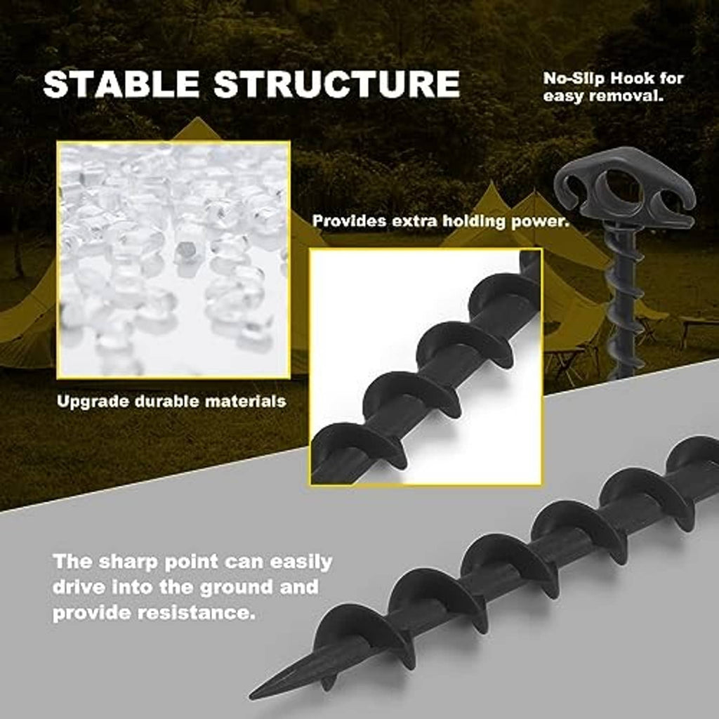 Black screw-in tent stake with spiral shaft and no-slip hook for easy removal