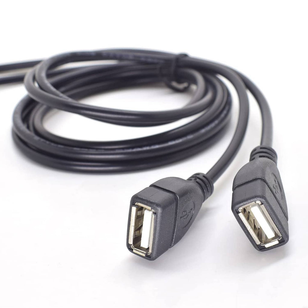 USB pigtail cable with two black USB male connectors and coiled black cable.