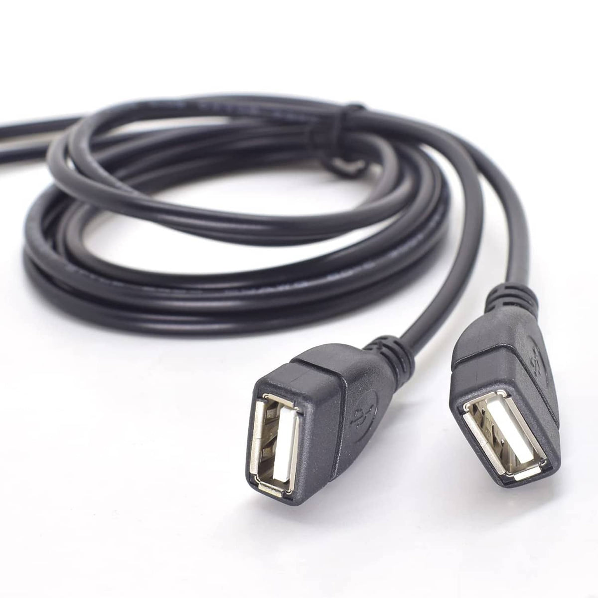 USB pigtail cable with two black USB male connectors and coiled black cable.