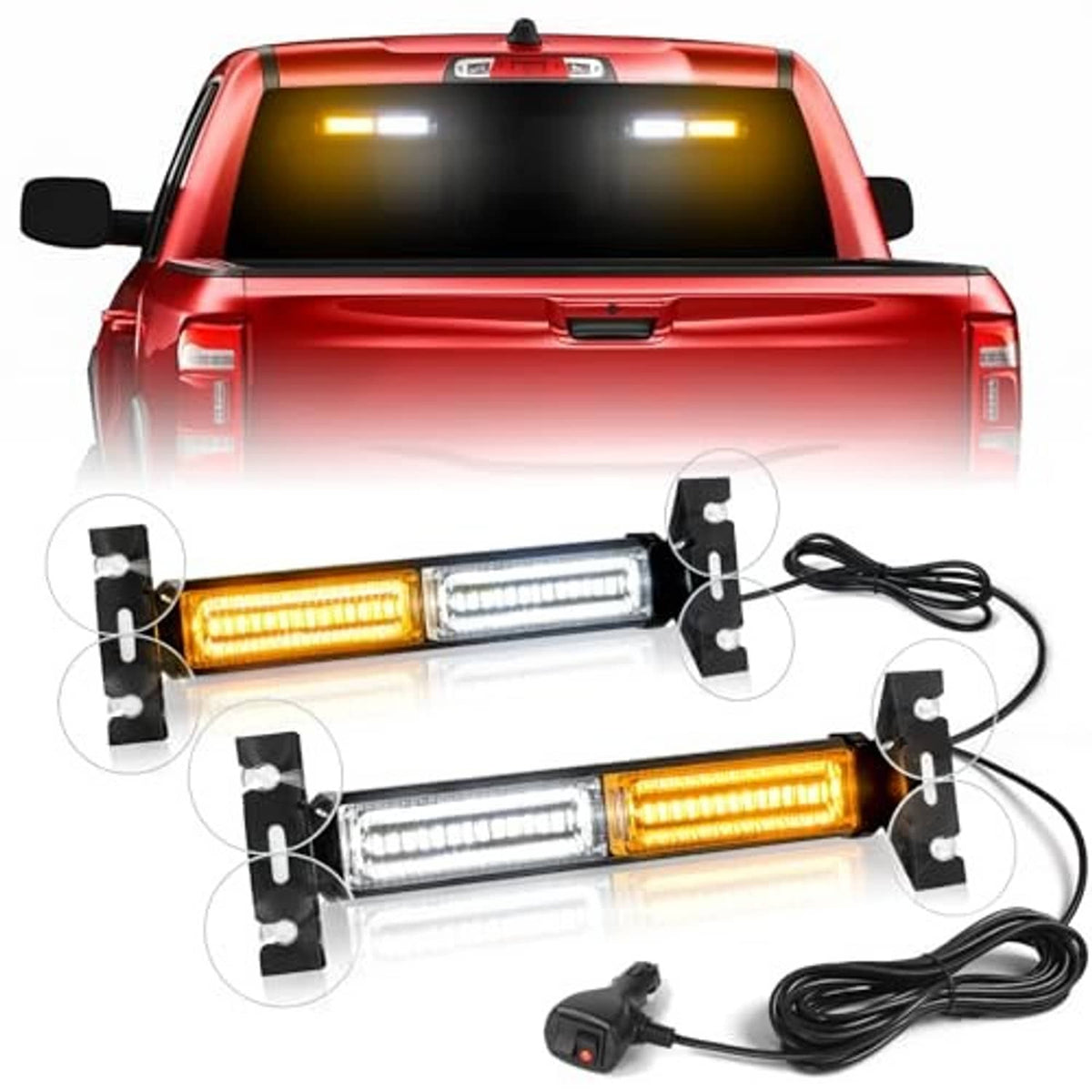 Amber/white LED emergency dash light bar with two light modules and black mounting brackets