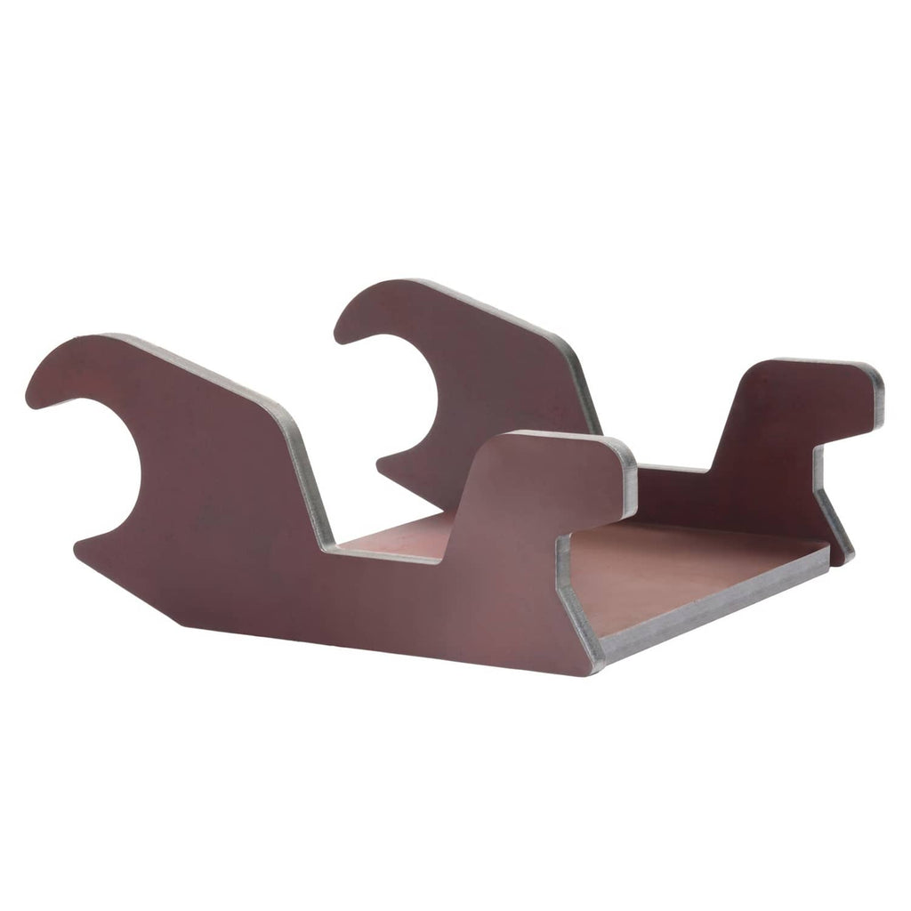 Metal bucket ear attachment angled view with tall ear cutouts and flat base