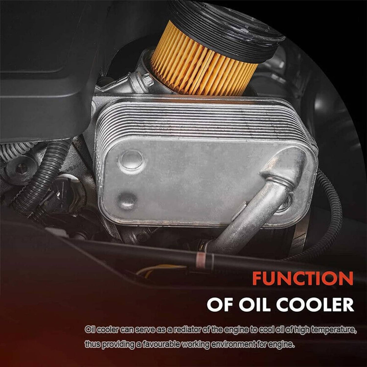 Oil cooler module in engine bay with orange filter and coolant lines, shown for function