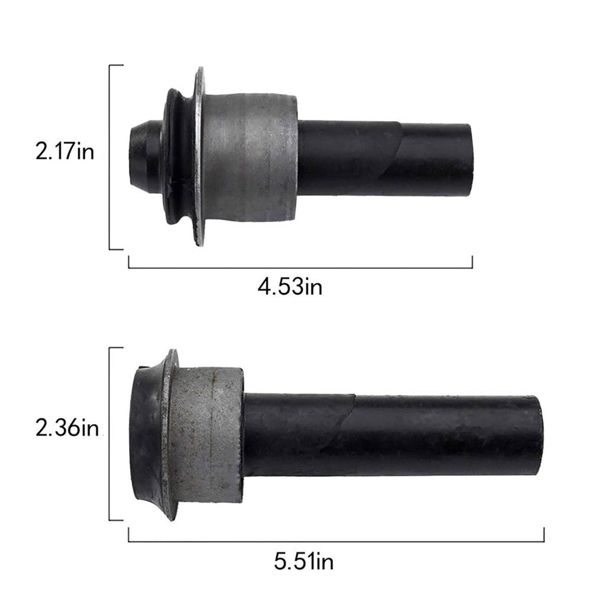 Front subframe bushing dimensions shown on two bushings with metal and black rubber.