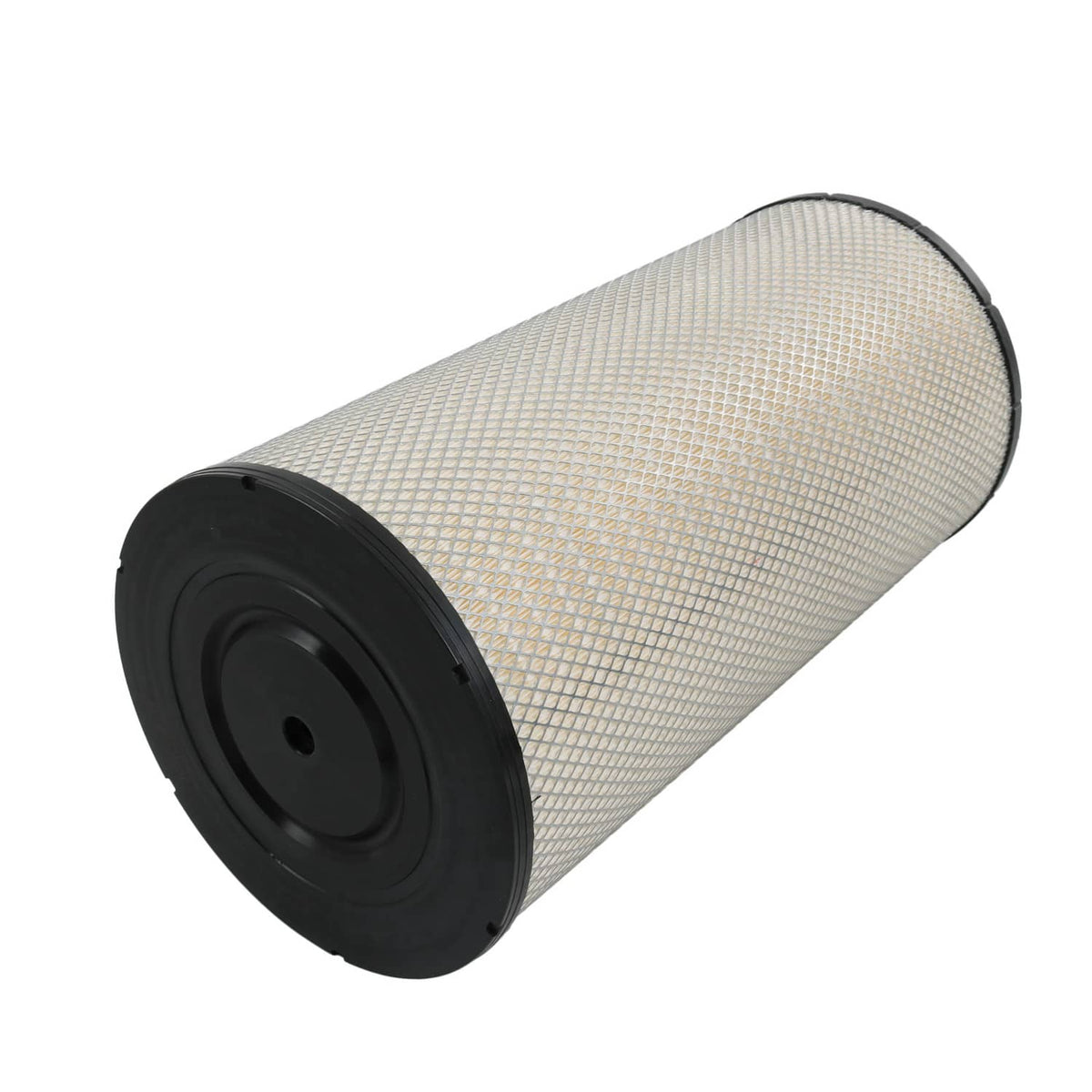 Cylindrical engine air filter angled view, pleated beige media with black end cap