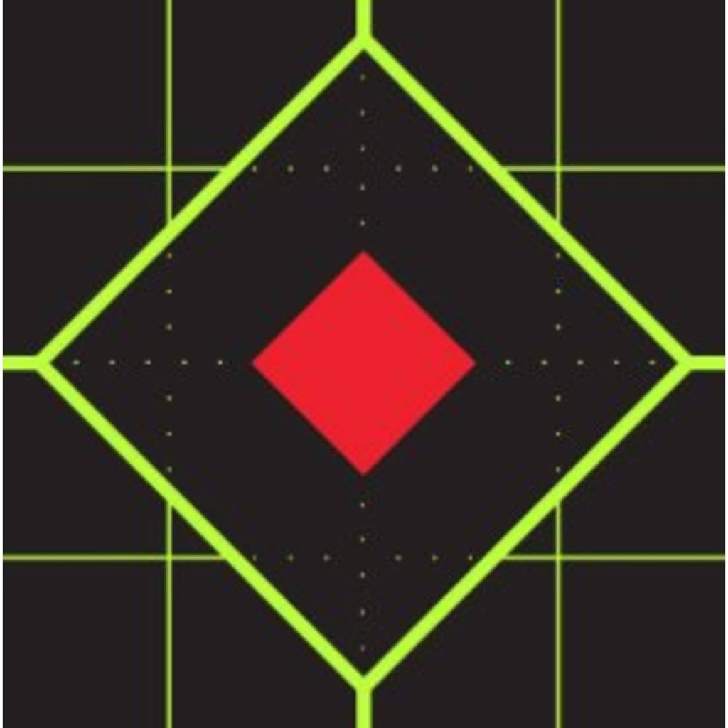 Fluorescent yellow adhesive splatterburst shooting target with red center on black