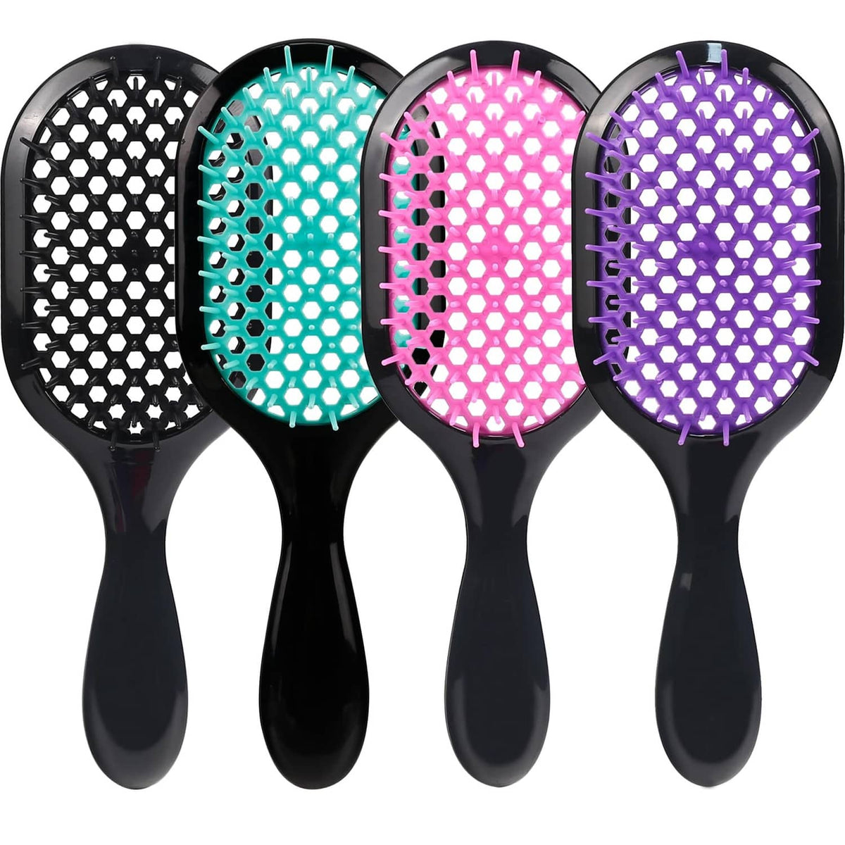 4-pack vented detangling hair brushes with black handles: black, teal, pink, and purple pads