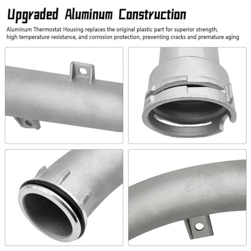 Aluminum coolant pipe with flanged coupler end and side mounting brackets, silver