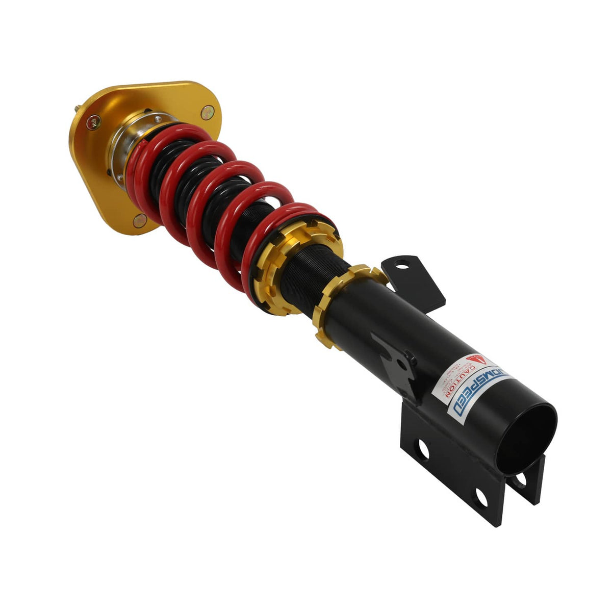 Single adjustable coilover strut with red spring, black body, gold top plate