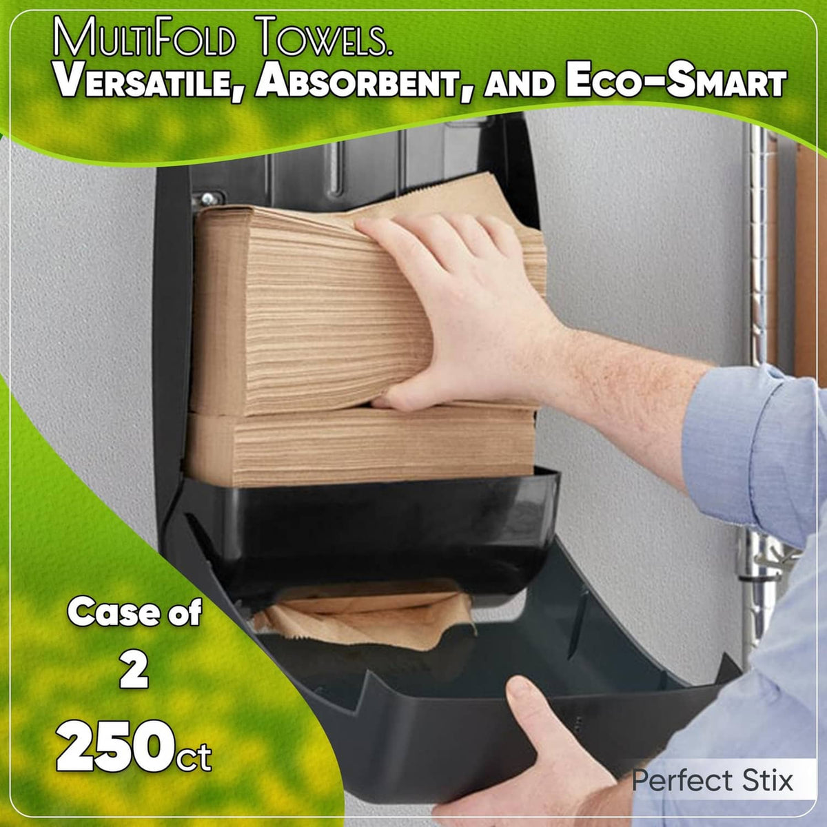 Kraft multi-fold paper towels refill pack, brown towels stacked in a dispenser