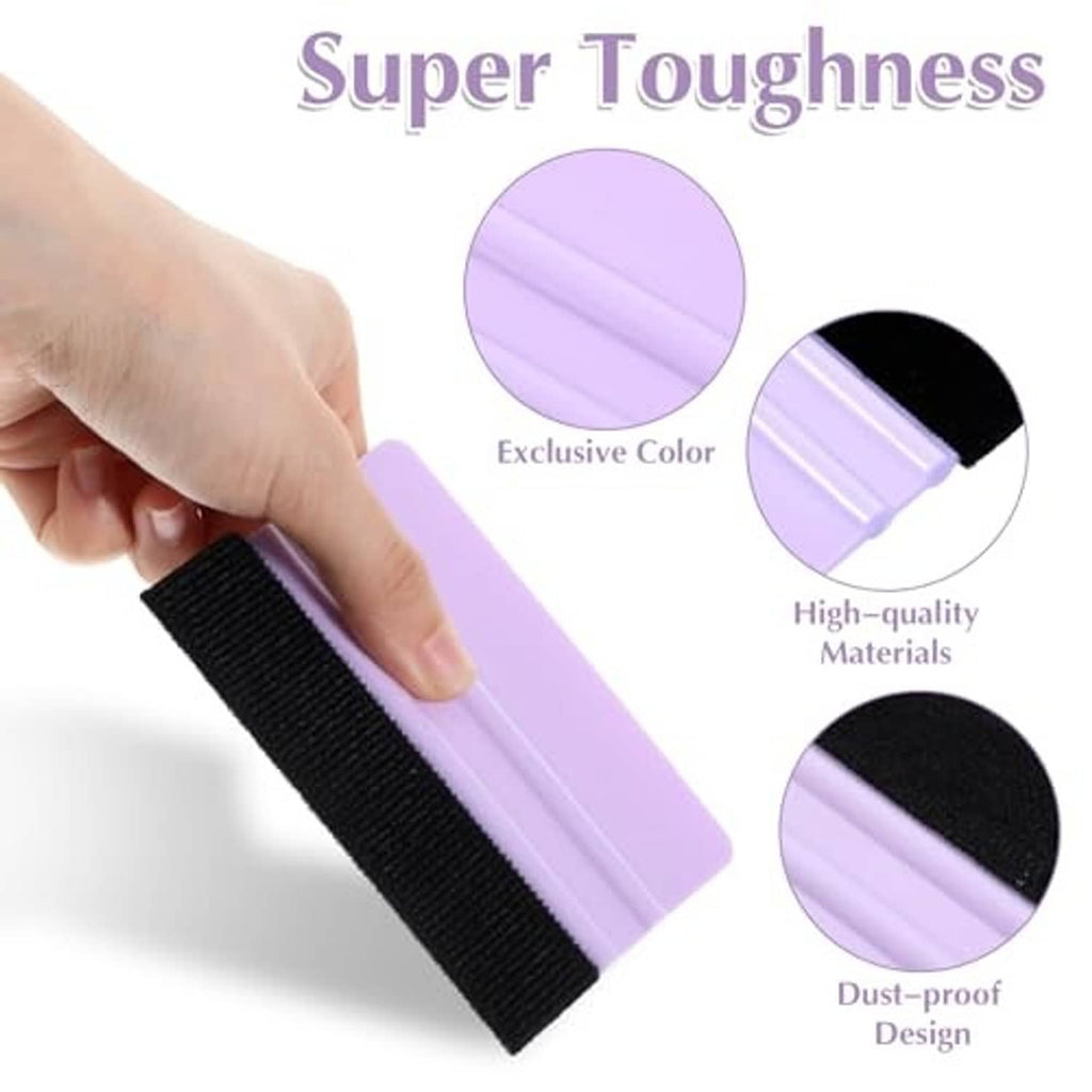 Purple vinyl felt squeegee tool with black felt edge, held by a hand