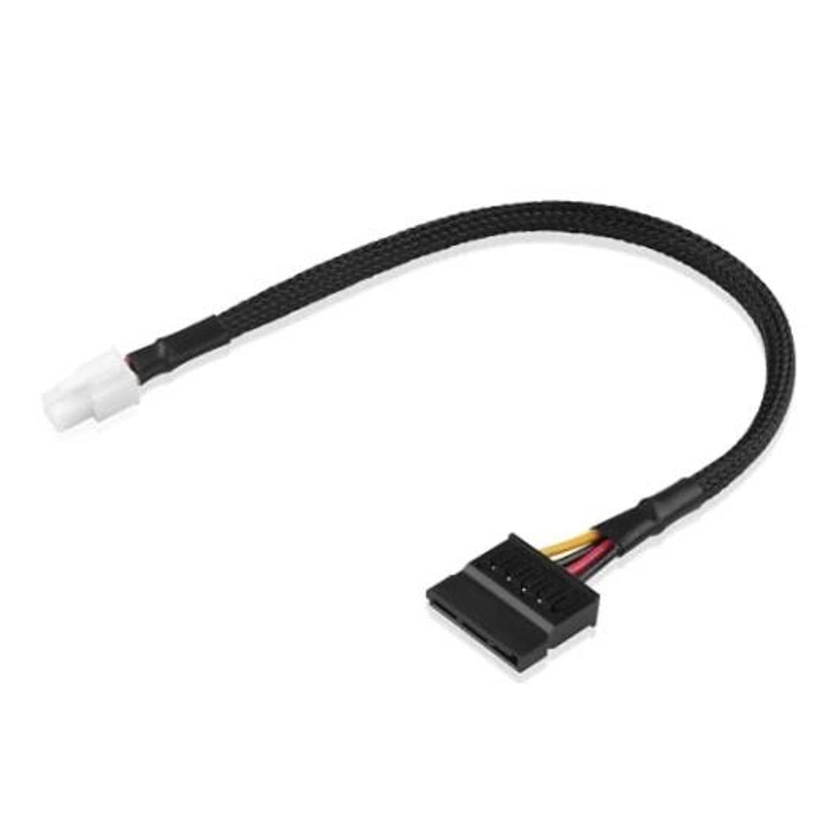 ATX 4-pin to SATA 15-pin adapter cable with black braided sheath and two connectors