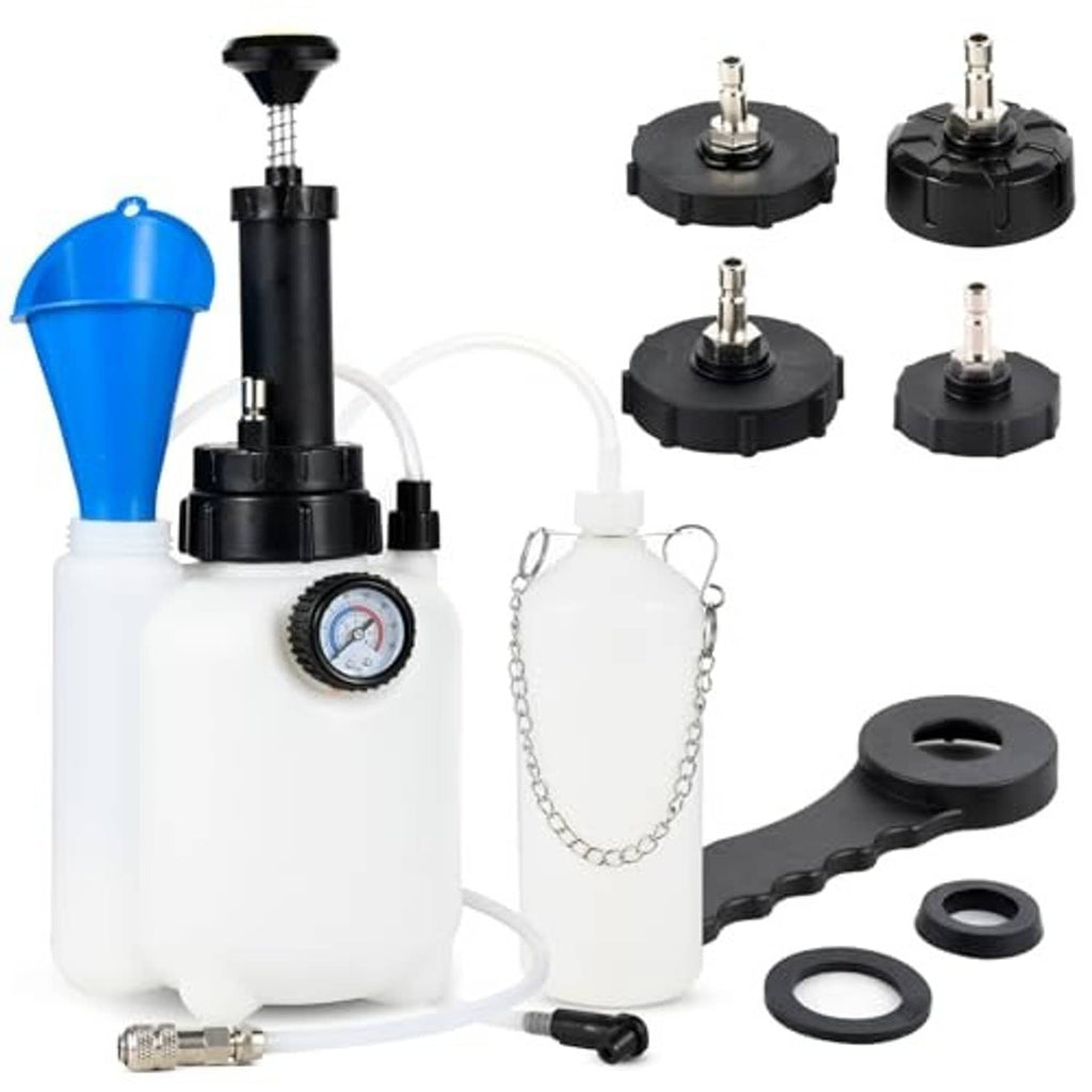 Manual brake bleeder kit with 3L reservoir, pressure gauge, blue funnel and adapters