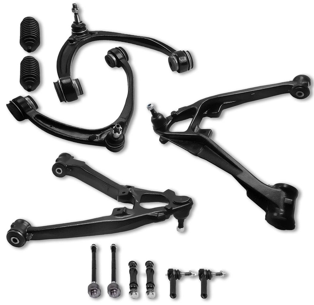 12-piece front control arm set with black arms, ball joints, and bushings