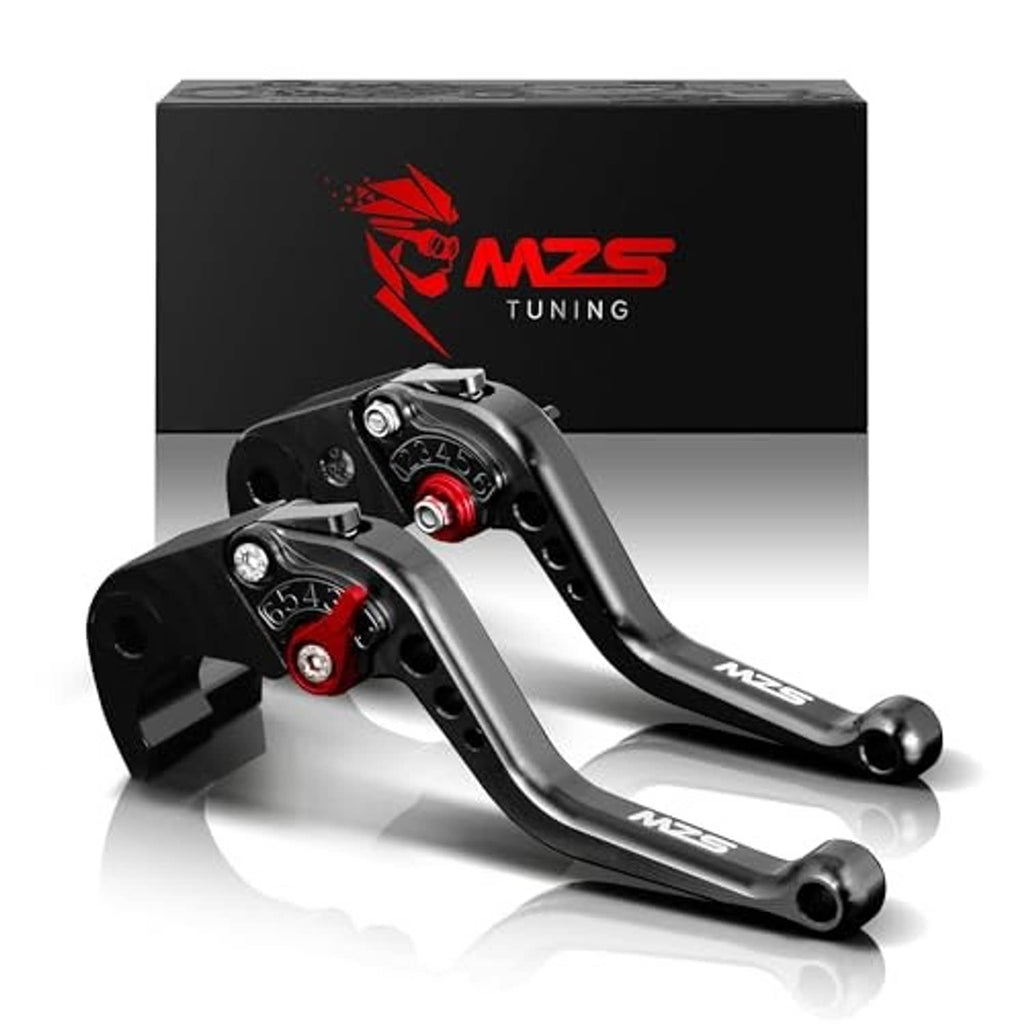 Motorcycle brake and clutch lever set, black and silver levers with red pivot adjuster