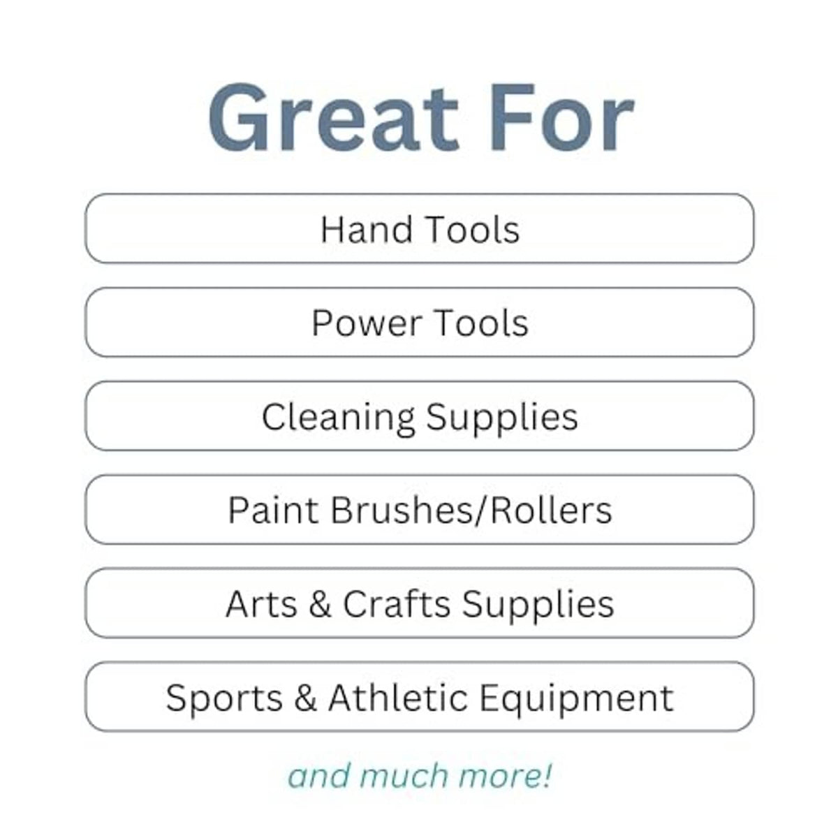 Use-categories card listing hand tools, power tools, cleaning supplies, paint, arts, sports
