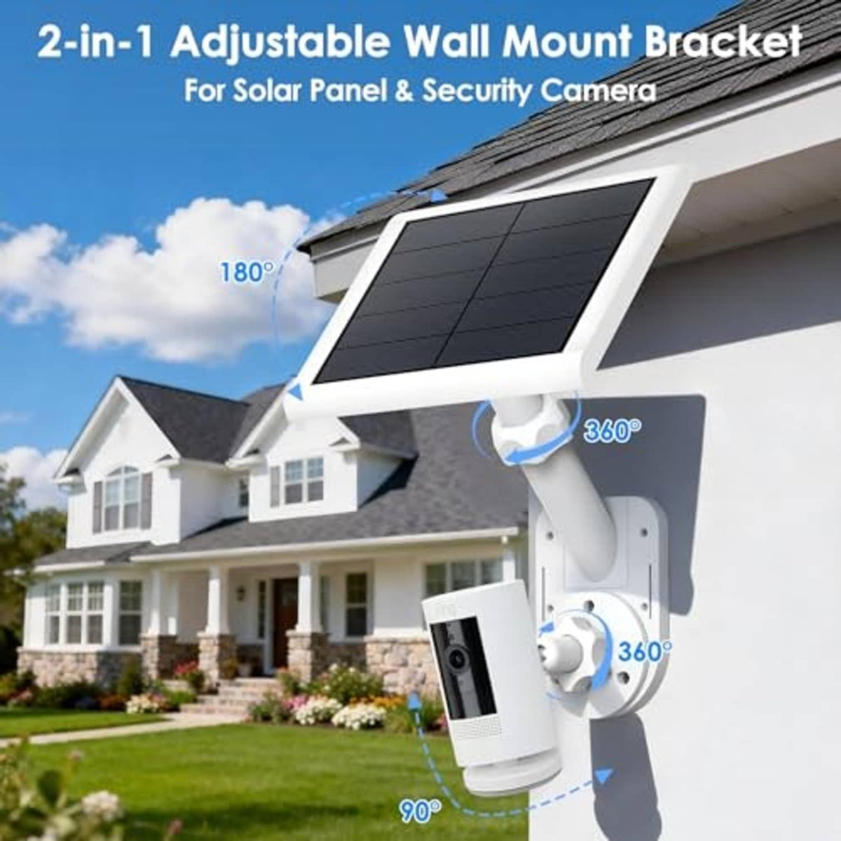 White adjustable 2-in-1 wall mount with solar panel and security camera
