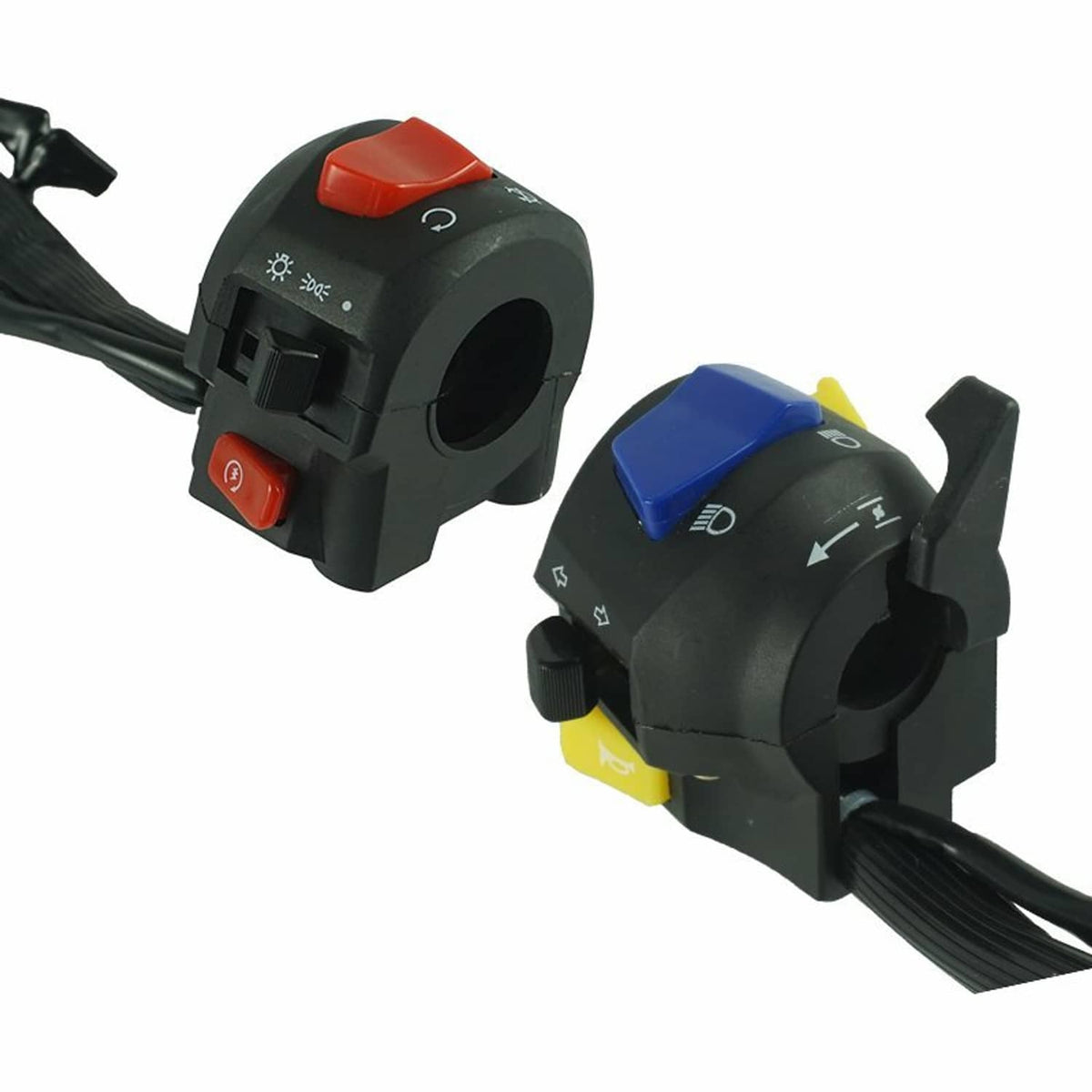 Motorcycle handlebar control switch set with red, blue, and yellow buttons, black housing