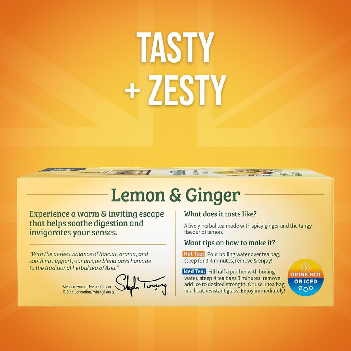 Twinings Lemon & Ginger tea box panel with brewing tips and iced or hot use