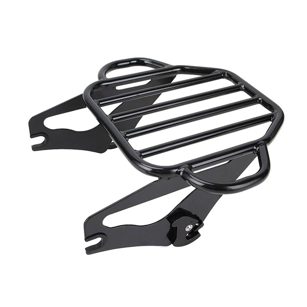 Black sissy bar luggage rack with metal slat platform and mounting brackets