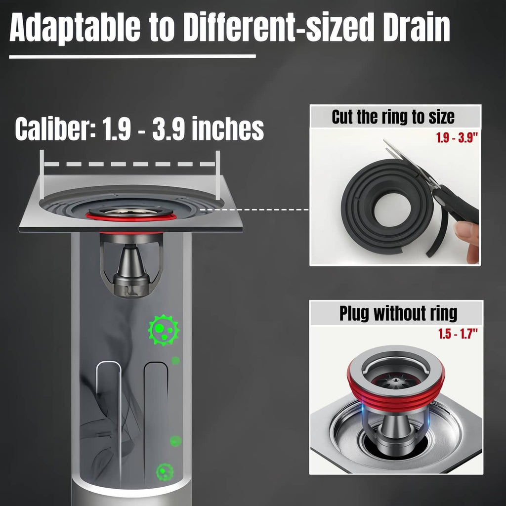 Adjustable black shower drain backflow preventer with red sealing ring and core