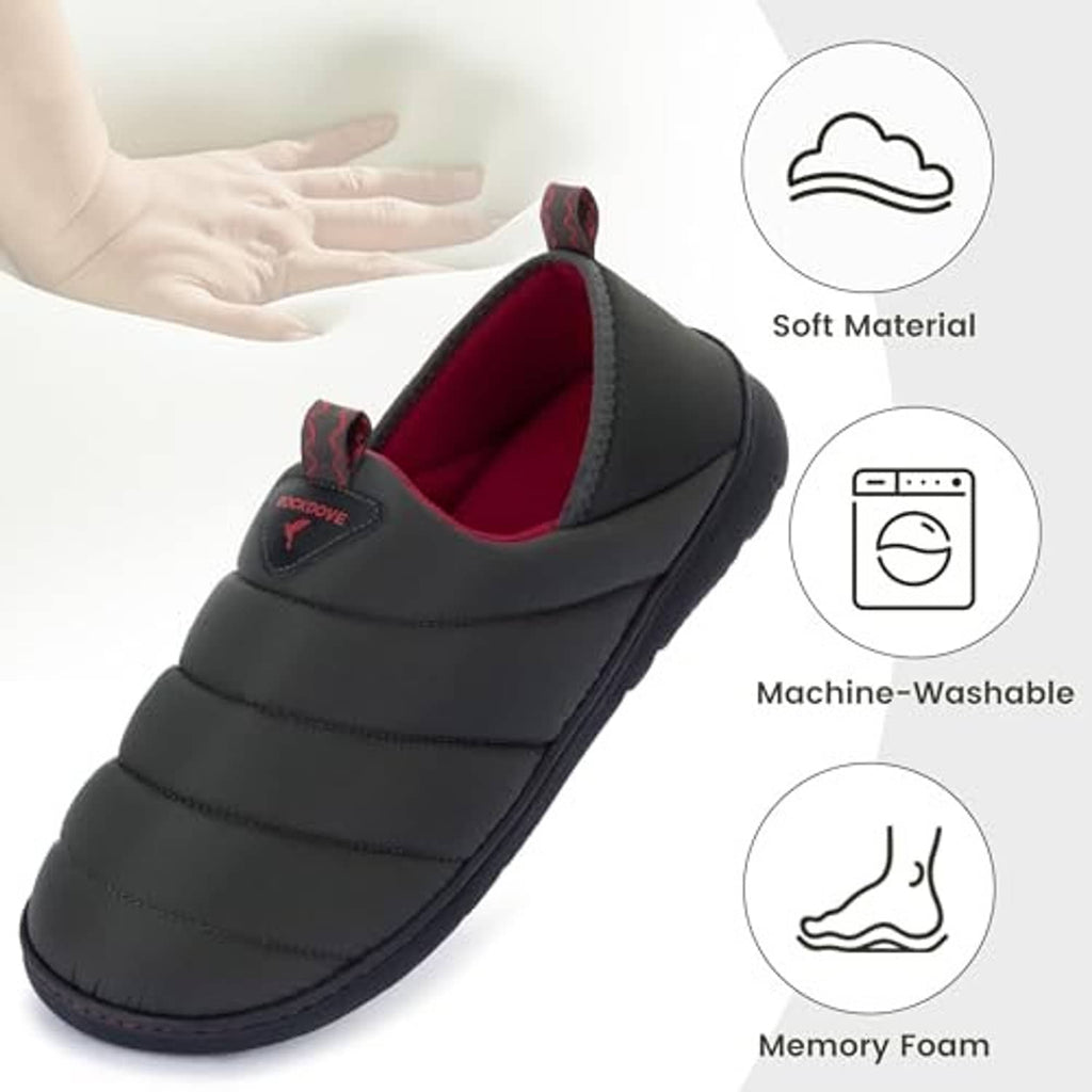 Men's dark grey slip-on loafer slipper with red lining, shown with comfort support.