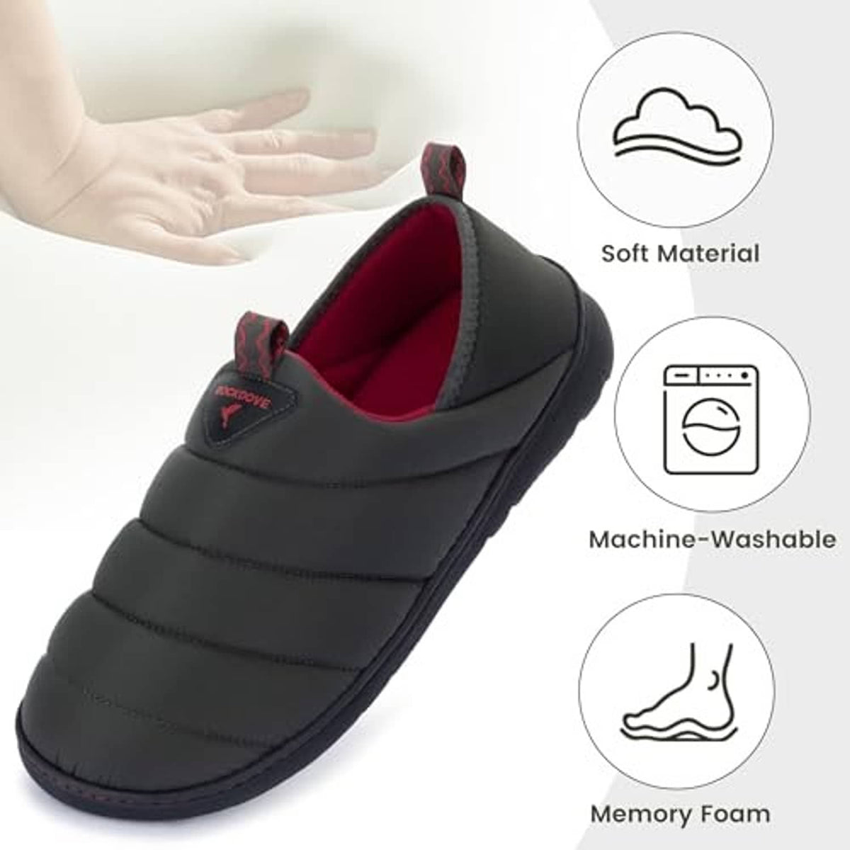 Men's dark grey slip-on loafer slipper with red lining, shown with comfort support.