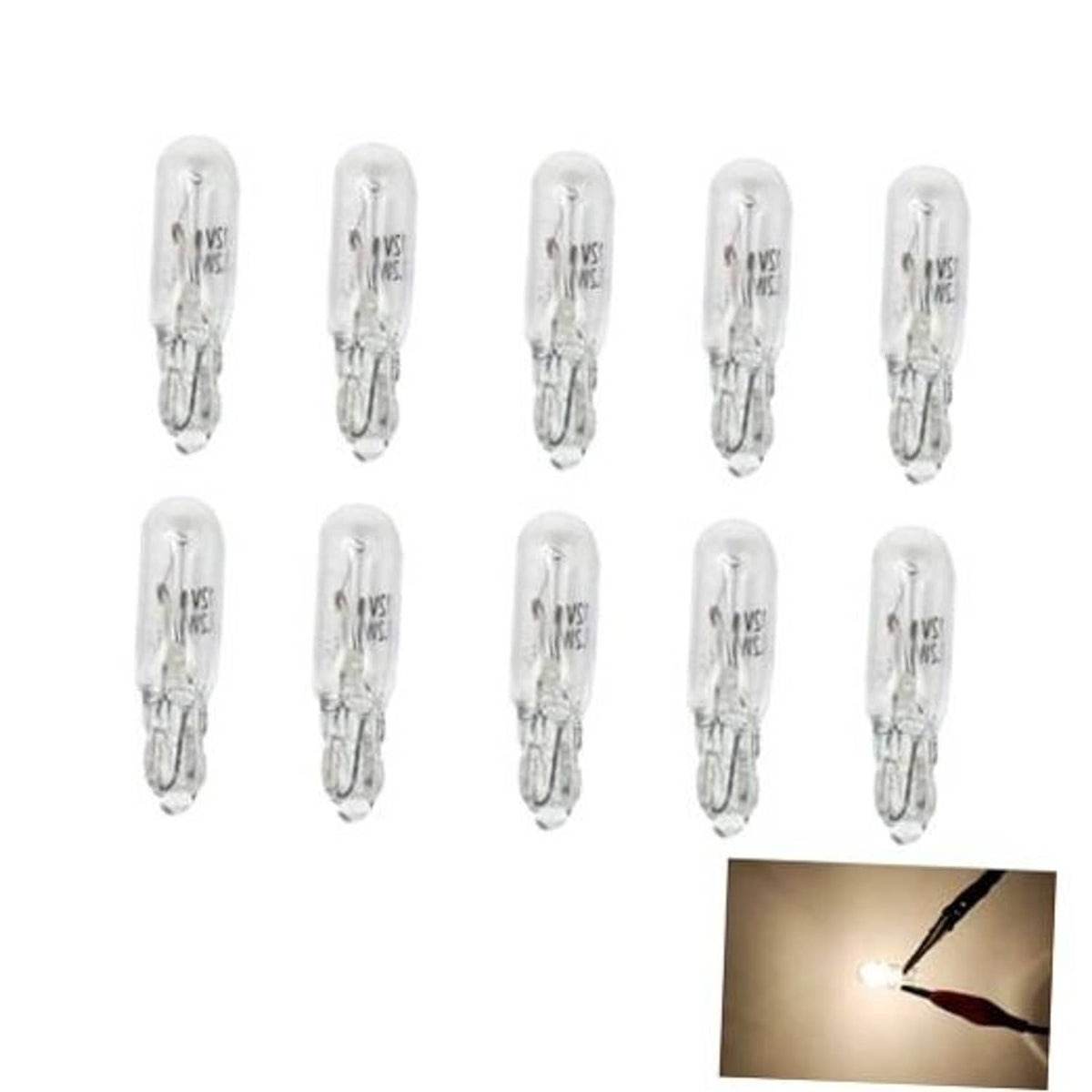 Set of 10 T5 white wedge car bulbs, clear glass housings, unlit