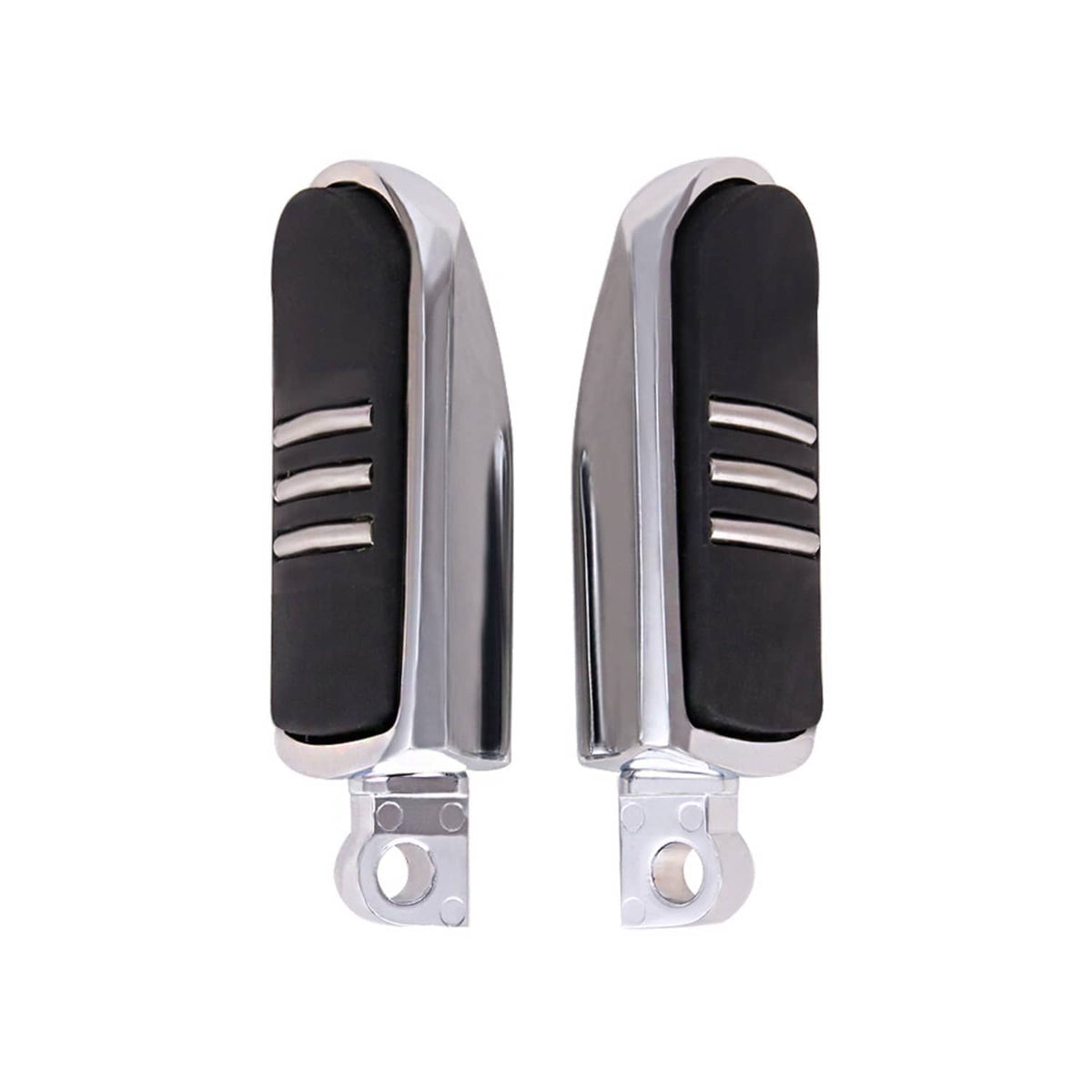 Pair of chrome motorcycle foot pegs with black rubber pads and horizontal grooves