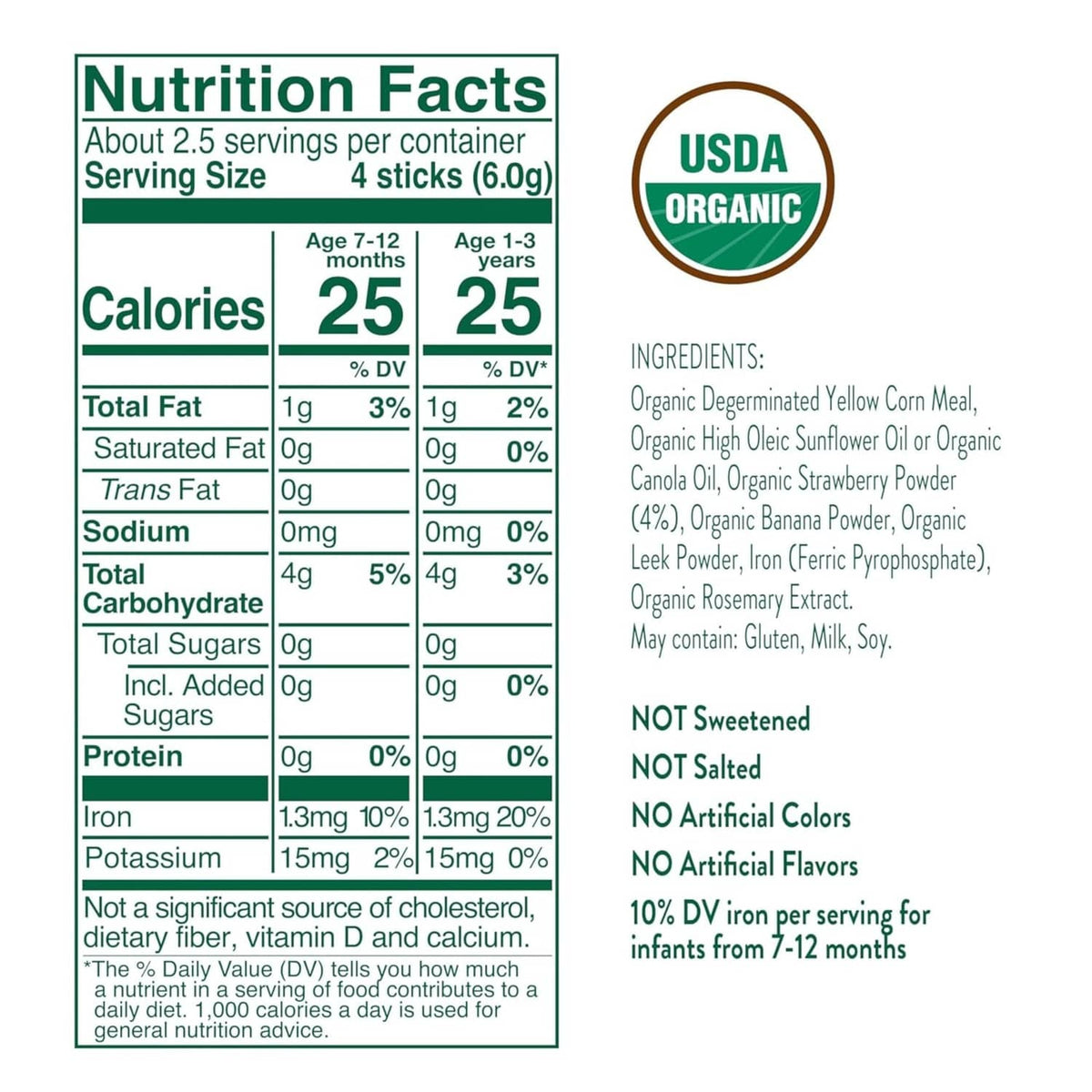Nutrition Facts panel for strawberry pick-me sticks: calories 25, fat 1g, carbs 4g
