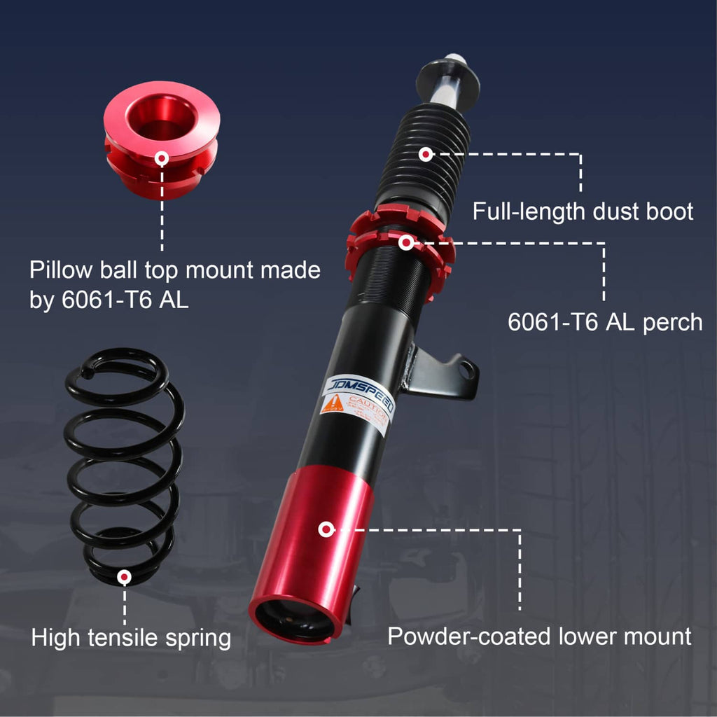 Coilover strut showing red top mount, black spring, and powder-coated lower mount