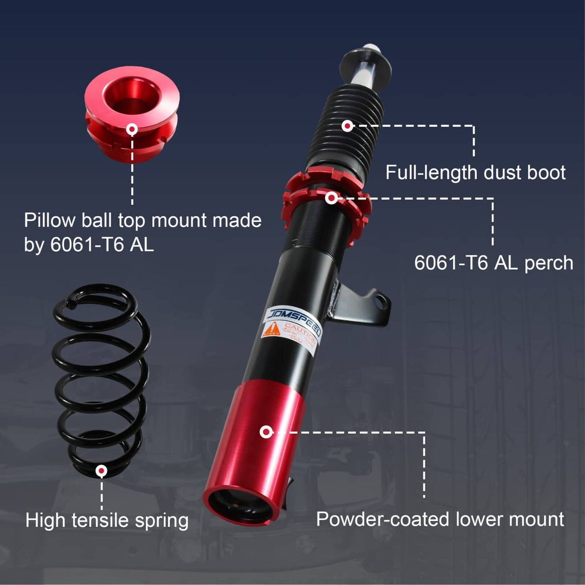 Coilover strut showing red top mount, black spring, and powder-coated lower mount