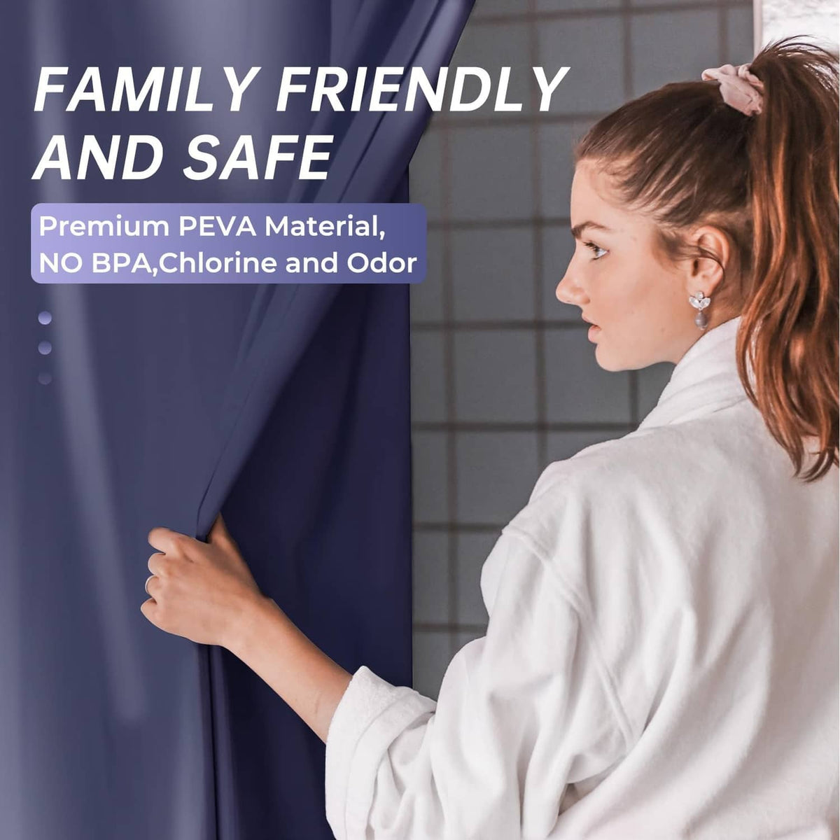 Navy blue shower curtain being pulled by hand, smooth surface and pleated drape.