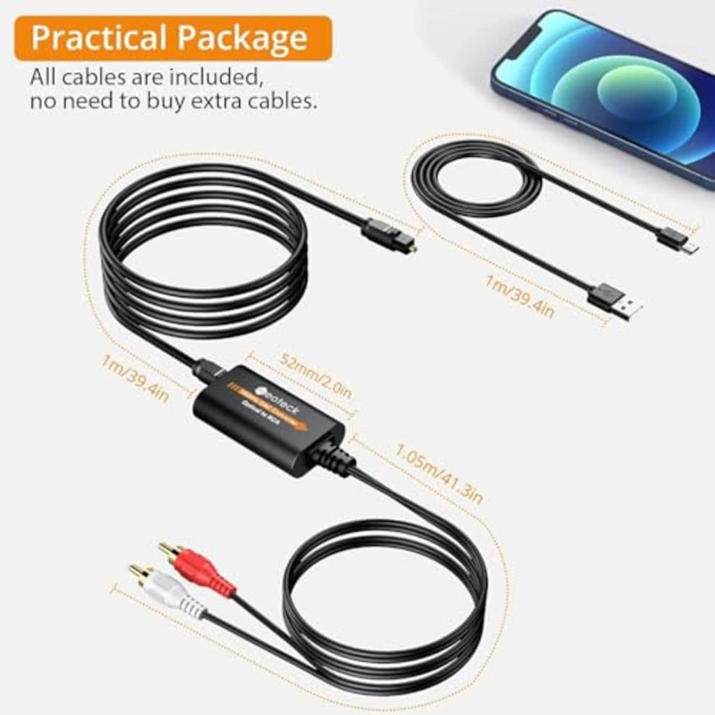 Optical-to-RCA DAC converter package with bundled cables and compact black converter