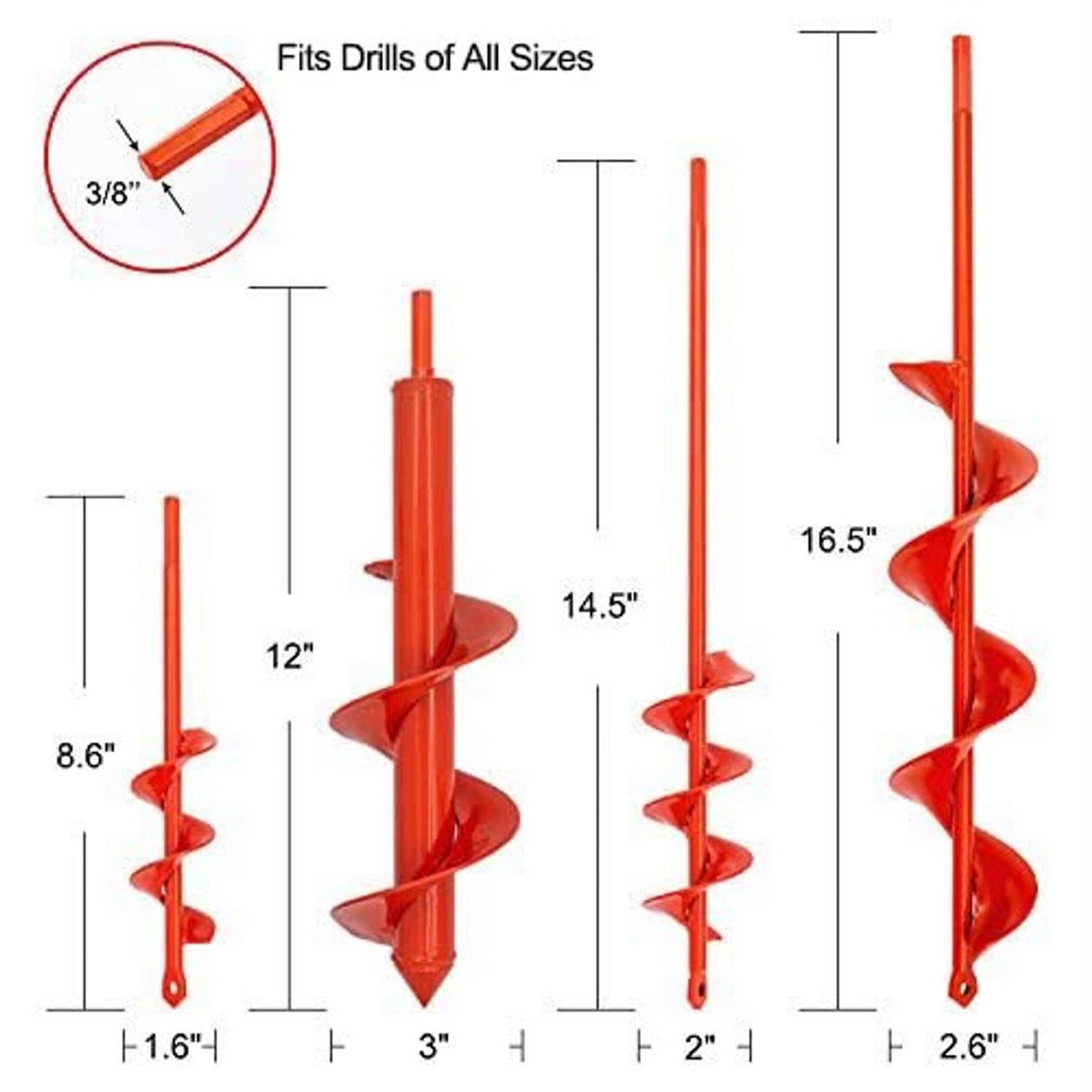 Four red soil auger planting drill bits with different shaft lengths and spiral tips