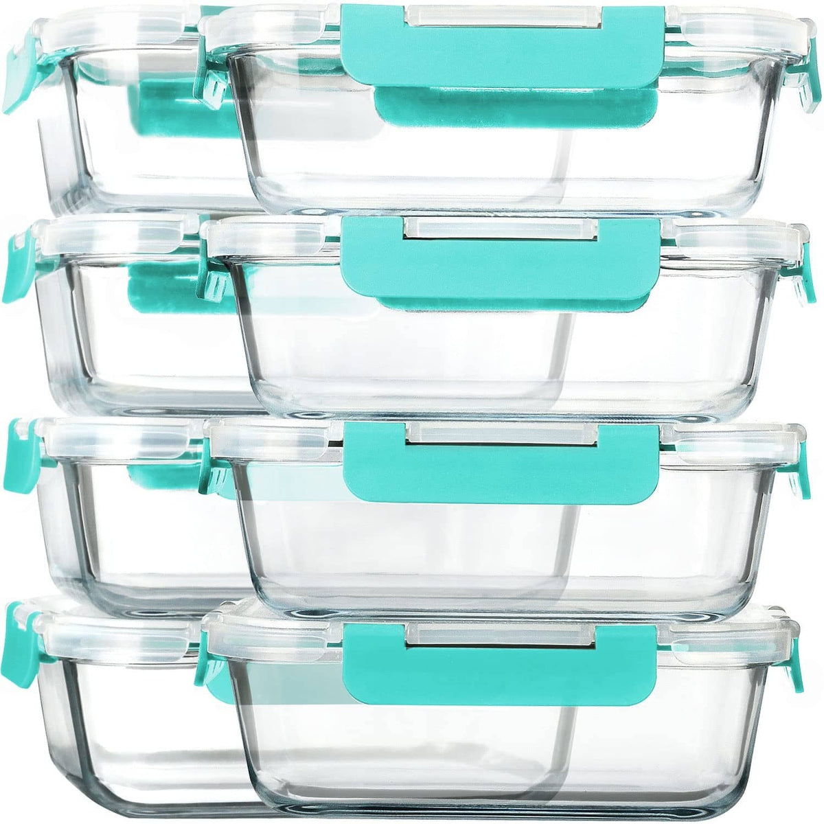 Stacked clear glass meal prep containers with teal locking lids