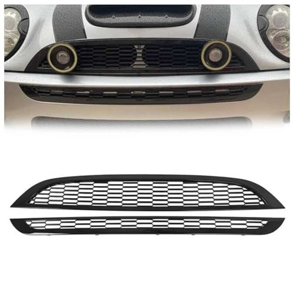 Black upper and lower honeycomb mesh grille inserts with border frame