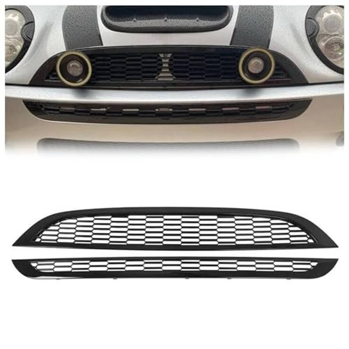 Black upper and lower honeycomb mesh grille inserts with border frame