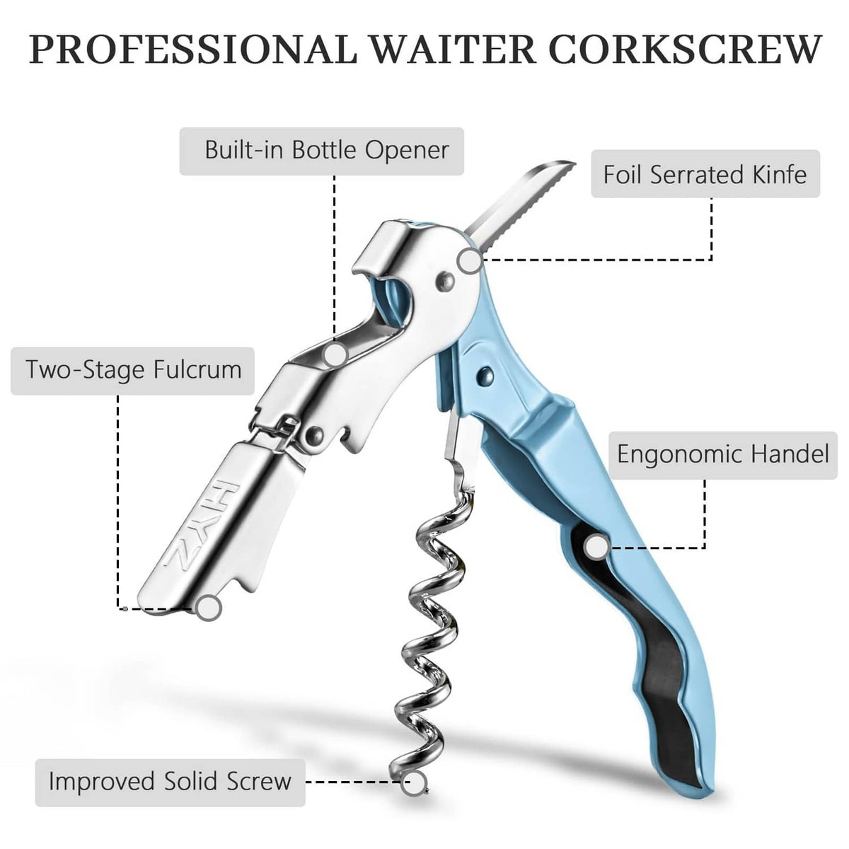 Sky blue waiter corkscrew with helical screw and metal body