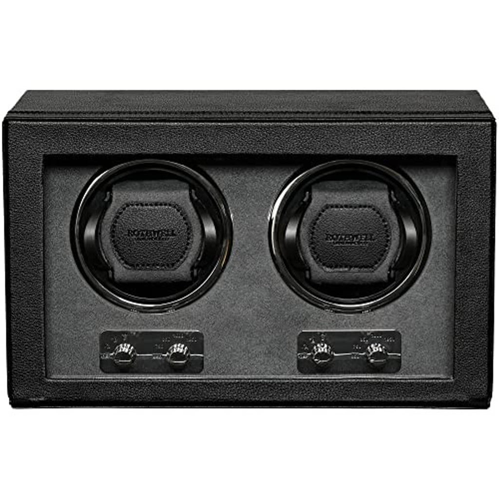 Black double watch winder front panel with two circular watch holders and controls
