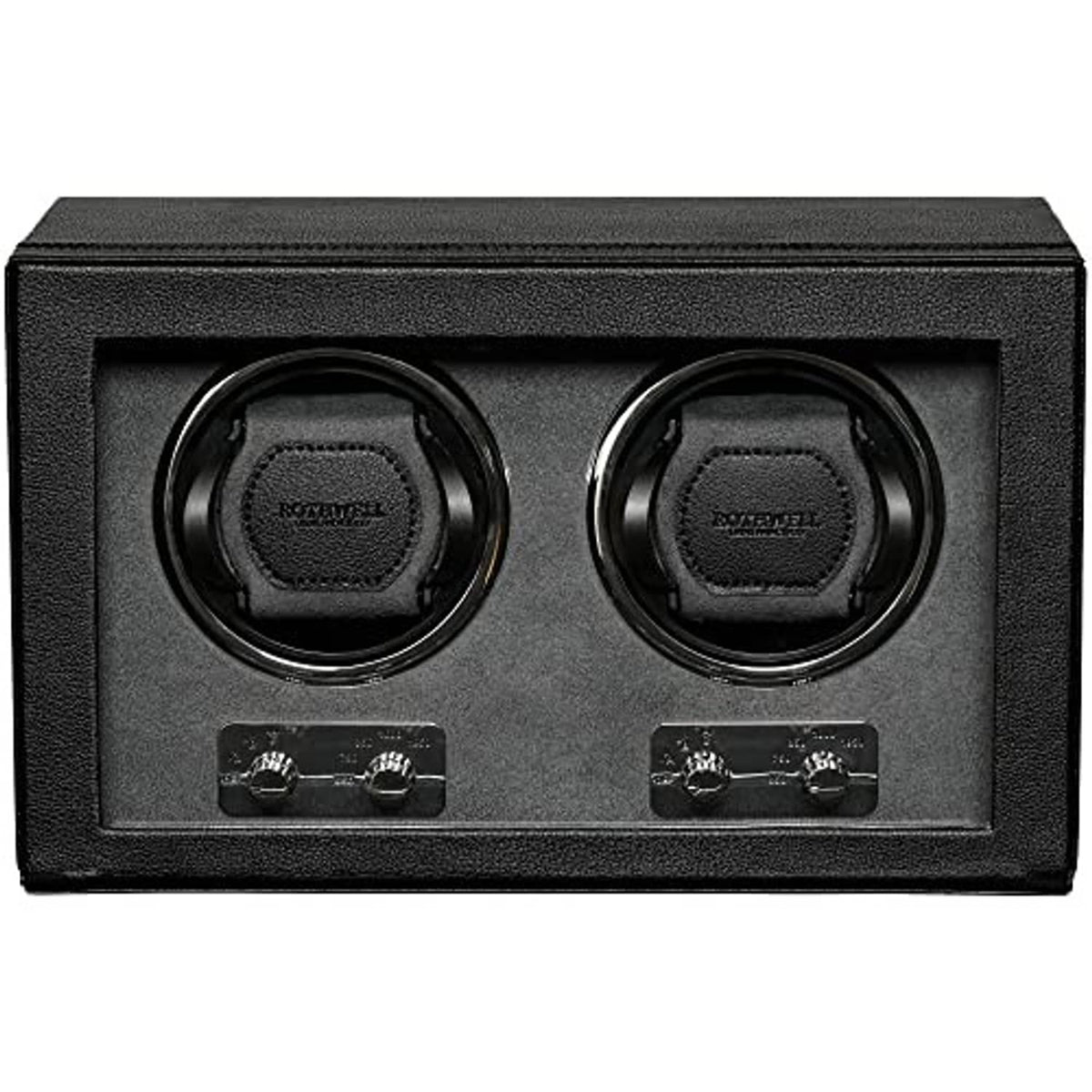 Black double watch winder front panel with two circular watch holders and controls