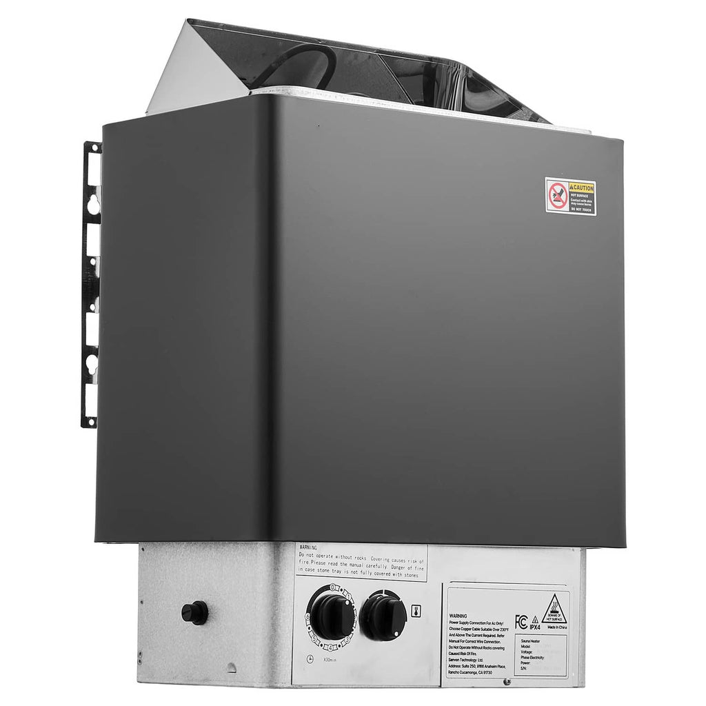 Wall-mounted electric sauna heater with dark gray cover and control knobs