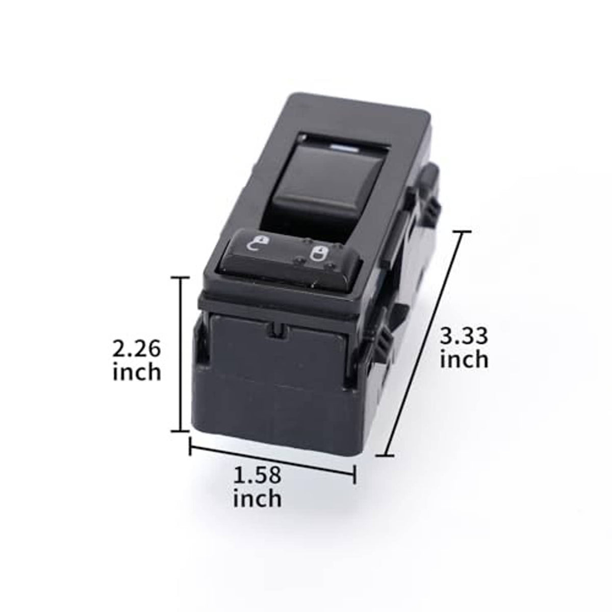 Power window switch with black housing, rocker control, and mounting tabs