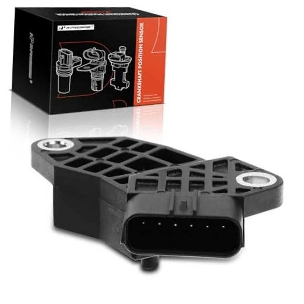 Crankshaft position sensor with black connector and mounting plate, side view
