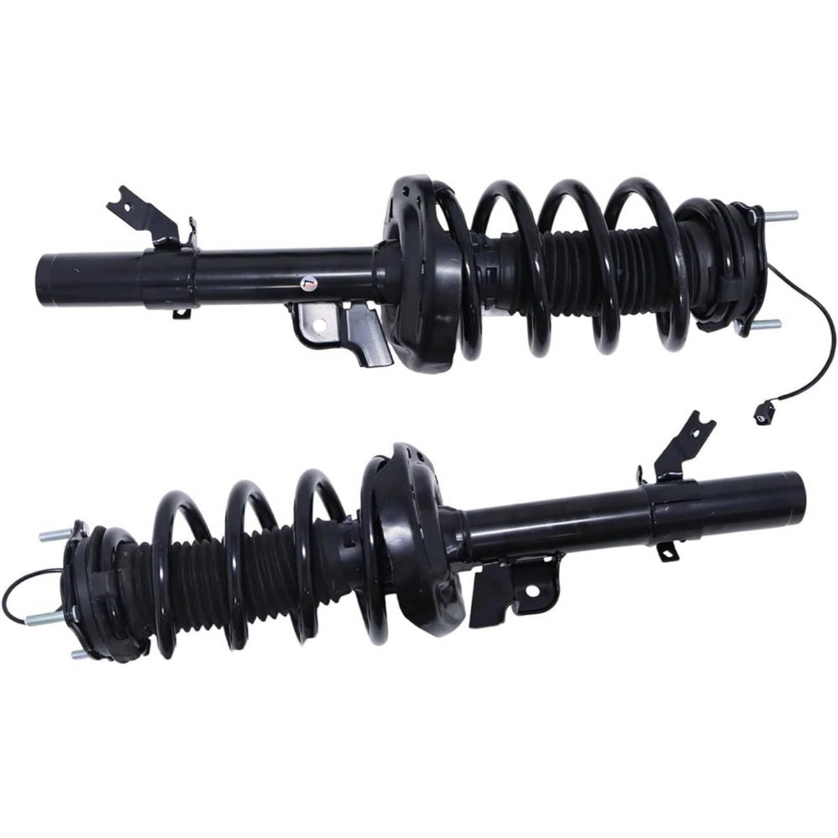 Pair of front shock absorbers with black coil springs and mounting brackets, electric